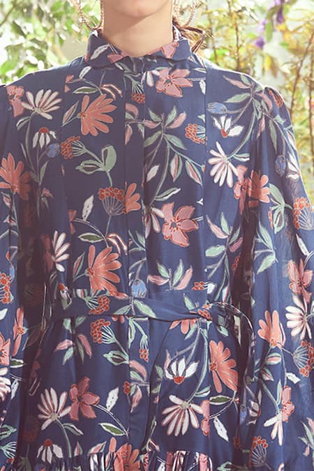 Buy_Ridhi Mehra_Blue Chanderi Shirt Collar Floral Print Dress _Online_at_Aza_Fashions