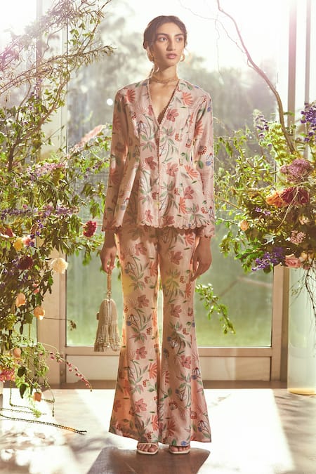 Ridhi Mehra_Beige Chanderi V Neck Floral Print Pant Set _Online_at_Aza_Fashions