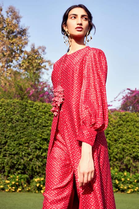 Shop Ridhi Mehra Red Chanderi Round Kurta And Pant Set Online at Aza Fashions Shop_Ridhi Mehra_Red Chanderi Round Kurta And Pant Set _Online_at_Aza_Fashions