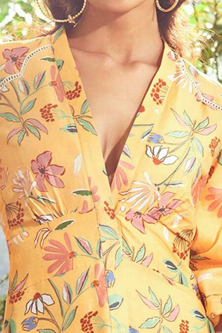 Buy_Ridhi Mehra_Yellow Chanderi V Neck Floral Print Dress _Online_at_Aza_Fashions