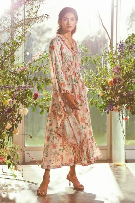 Ridhi Mehra_Beige Chanderi V Neck Floral Print Dress _Online_at_Aza_Fashions