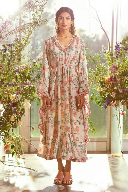 Buy_Ridhi Mehra_Beige Chanderi V Neck Floral Print Dress _Online_at_Aza_Fashions