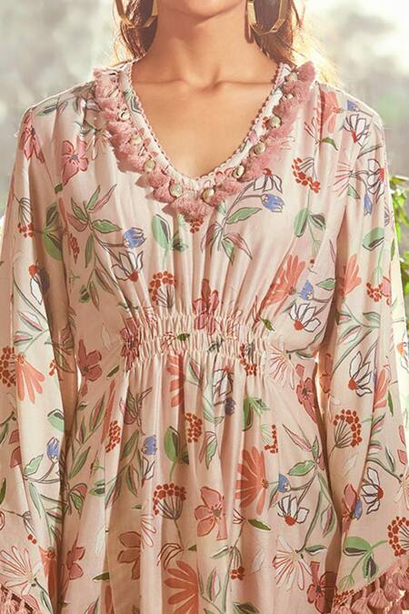 Shop_Ridhi Mehra_Beige Chanderi V Neck Floral Print Dress _Online_at_Aza_Fashions