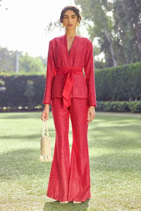 Buy_Ridhi Mehra_Red Chanderi V Neck Printed Pant Set _Online_at_Aza_Fashions