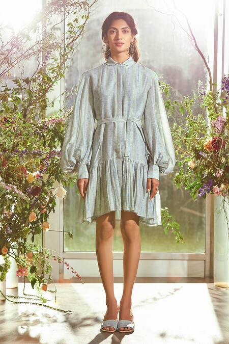 Buy_Ridhi Mehra_Blue Chanderi Shirt Collar Printed Dress _Online_at_Aza_Fashions