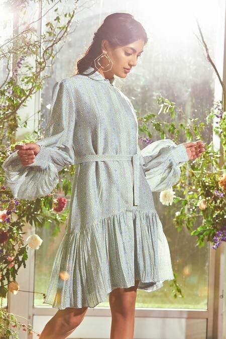 Ridhi Mehra_Blue Chanderi Shirt Collar Printed Dress _Online_at_Aza_Fashions