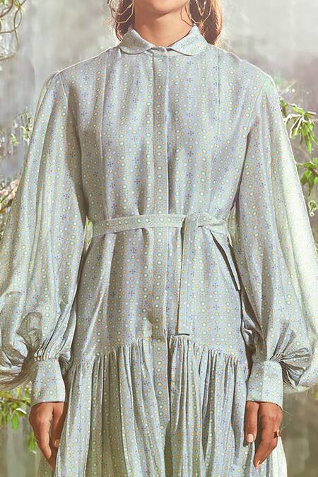 Shop_Ridhi Mehra_Blue Chanderi Shirt Collar Printed Dress _Online_at_Aza_Fashions