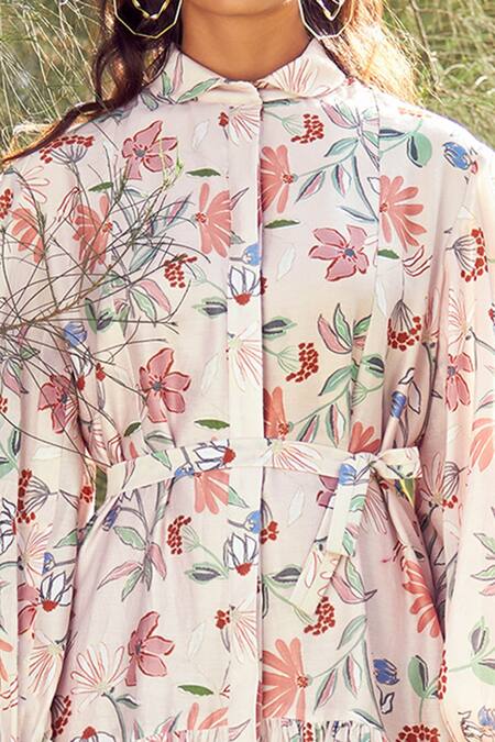 Shop_Ridhi Mehra_Beige Chanderi Shirt Collar Printed Dress _Online_at_Aza_Fashions