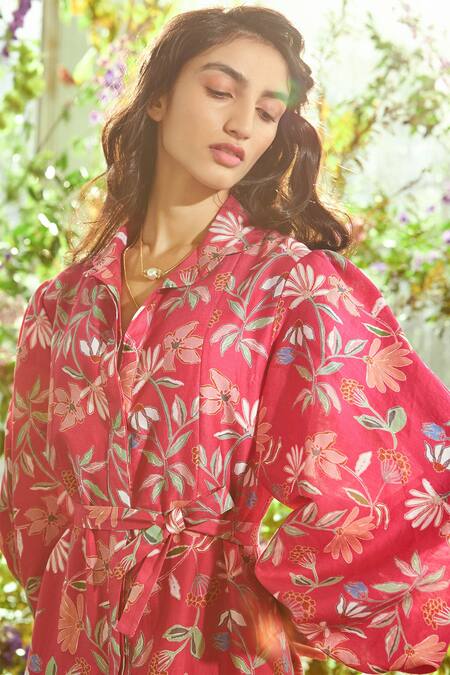Buy_Ridhi Mehra_Pink Chanderi Notched Collar Printed Dress _Online_at_Aza_Fashions