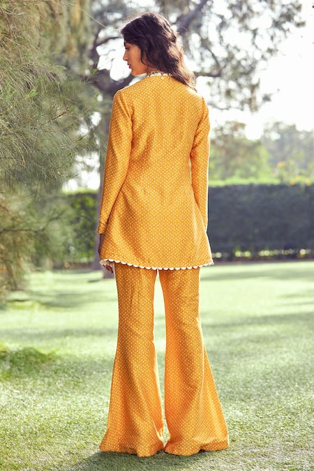 Shop_Ridhi Mehra_Yellow Chanderi V Neck Printed Pant Set  _at_Aza_Fashions