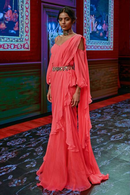 Ridhi Mehra Pink Organza Pre-draped Ruffle Saree Online at Aza Fashions Ridhi Mehra_Pink Organza Pre-draped Ruffle Saree _Online_at_Aza_Fashions