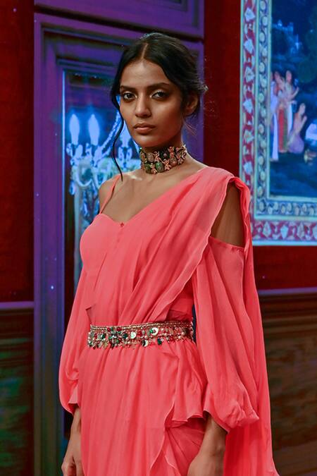 Shop Ridhi Mehra Pink Organza Pre-draped Ruffle Saree Online at Aza Fashions Shop_Ridhi Mehra_Pink Organza Pre-draped Ruffle Saree _Online_at_Aza_Fashions