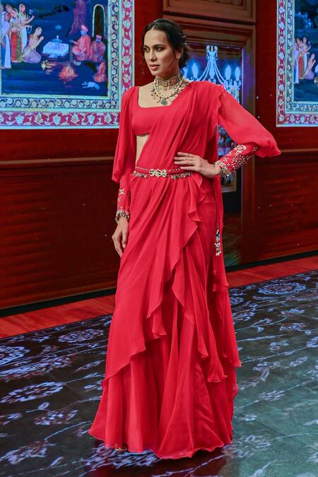 Ridhi Mehra_Pink Organza, Chiffon Pre-draped Ruffle Saree With Blouse _Online_at_Aza_Fashions