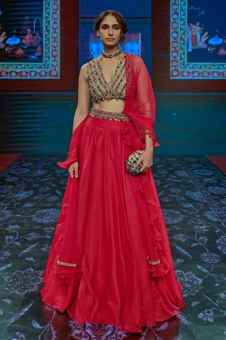 Ridhi Mehra_Pink Organza, Net Bridal Lehenga Set _Online_at_Aza_Fashions