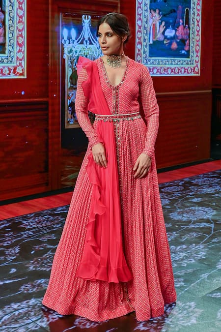 Ridhi Mehra_Pink Organza, Net, Chiffon Printed Anarkali With Dupatta _Online_at_Aza_Fashions