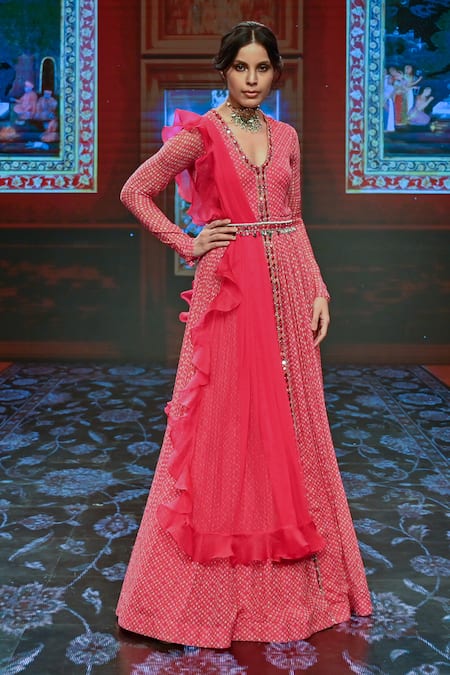 Buy_Ridhi Mehra_Pink Organza, Net, Chiffon Printed Anarkali With Dupatta _Online_at_Aza_Fashions