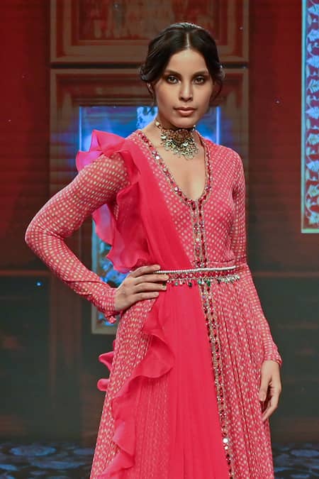 Shop_Ridhi Mehra_Pink Organza, Net, Chiffon Printed Anarkali With Dupatta _Online_at_Aza_Fashions