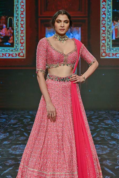 Buy_Ridhi Mehra_Pink Raw Silk, Net Embroidered Bridal Lehenga Set _Online_at_Aza_Fashions