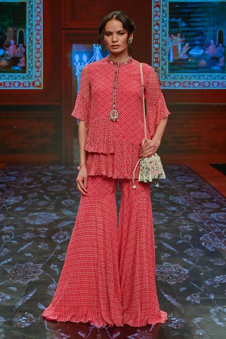 Ridhi Mehra Pink Chiffon Printed Kurta And Sharara Set Online at Aza Fashions Ridhi Mehra_Pink Chiffon Printed Kurta And Sharara Set _Online_at_Aza_Fashions