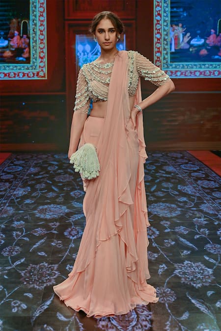 Buy_Ridhi Mehra_Peach Chiffon Pre-draped Ruffle Saree _Online_at_Aza_Fashions