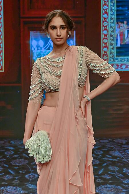 Shop_Ridhi Mehra_Peach Chiffon Pre-draped Ruffle Saree _Online_at_Aza_Fashions