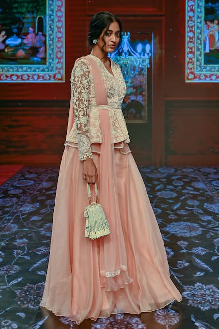 Ridhi Mehra_Peach Organza, Net Embroidered Kurta Set _Online_at_Aza_Fashions