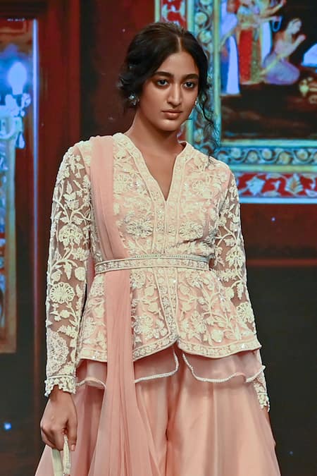 Buy_Ridhi Mehra_Peach Organza, Net Embroidered Kurta Set _Online_at_Aza_Fashions