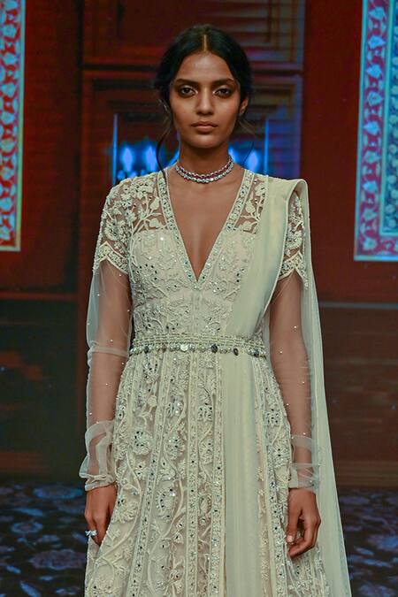 Buy_Ridhi Mehra_White Organza, Net Embroidered Anarkali With Dupatta _Online_at_Aza_Fashions