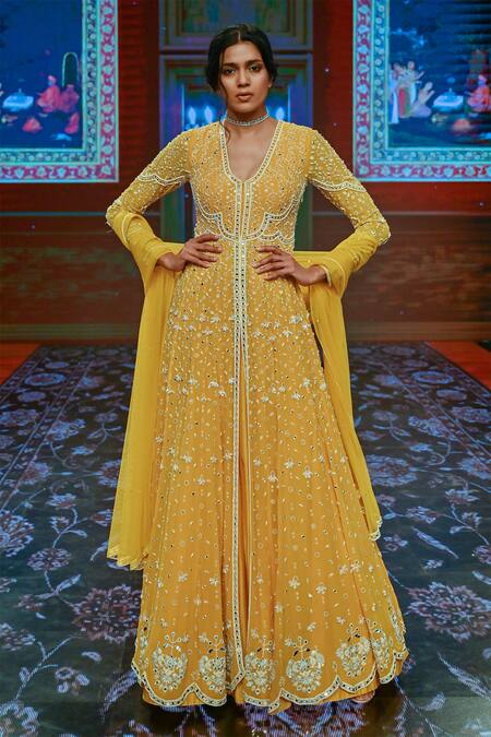 Buy_Ridhi Mehra_Yellow Net, Georgette Embroidered Anarkali With Dupatta _Online_at_Aza_Fashions