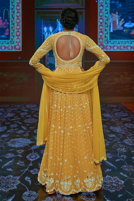 Shop_Ridhi Mehra_Yellow Net, Georgette Embroidered Anarkali With Dupatta _at_Aza_Fashions