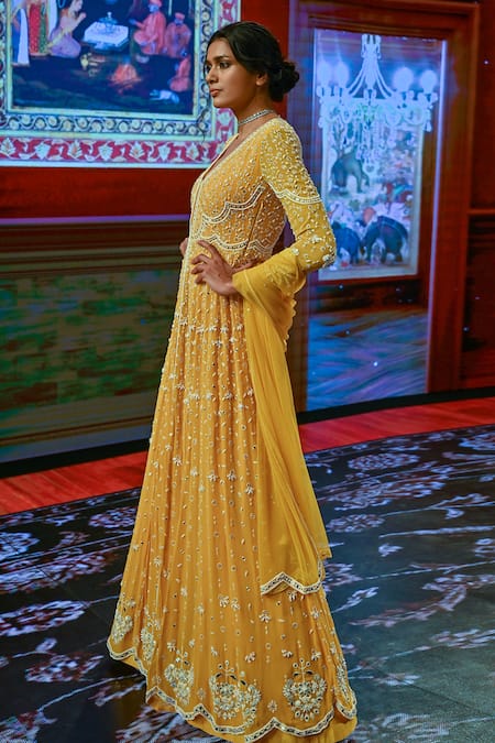 Shop_Ridhi Mehra_Yellow Net, Georgette Embroidered Anarkali With Dupatta _Online_at_Aza_Fashions