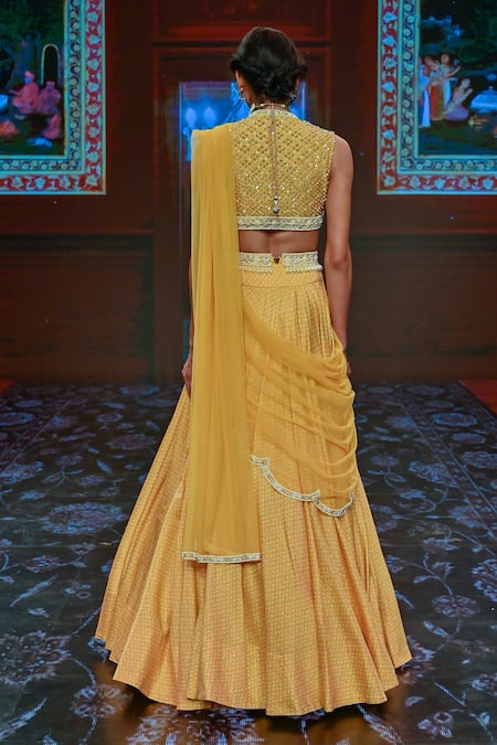 Shop Ridhi Mehra Yellow Net, Chanderi Printed Lehenga Set at Aza Fashions Shop_Ridhi Mehra_Yellow Net, Chanderi Printed Lehenga Set _at_Aza_Fashions