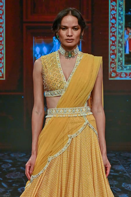 Ridhi Mehra Yellow Net, Chanderi Printed Lehenga Set Online at Aza Fashions Ridhi Mehra_Yellow Net, Chanderi Printed Lehenga Set _Online_at_Aza_Fashions