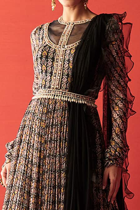 Ridhi Mehra Black Net Round Ikat Print Anarkali With Dupatta Online at Aza Fashions Ridhi Mehra_Black Net Round Ikat Print Anarkali With Dupatta _Online_at_Aza_Fashions