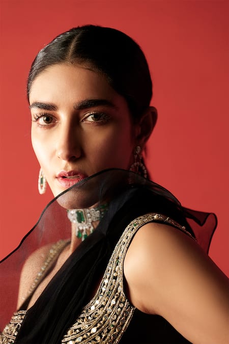 Ridhi Mehra_Black Chanderi Square Neck Pre-draped Ruffle Saree Set  _Online_at_Aza_Fashions