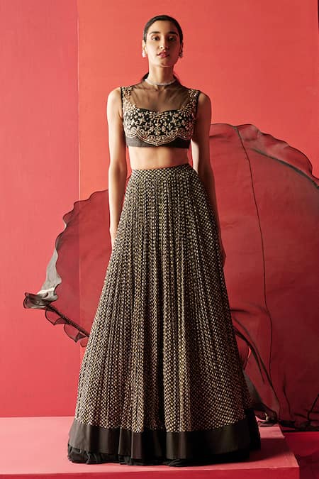 Ridhi Mehra_Black Net Round Organza Cape And Printed Lehenga Set _Online_at_Aza_Fashions