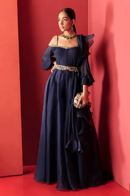 Ridhi Mehra Blue Chiffon Sweetheart Neck Balloon Sleeve Jumpsuit Set Online at Aza Fashions Ridhi Mehra_Blue Chiffon Sweetheart Neck Balloon Sleeve Jumpsuit Set _Online_at_Aza_Fashions