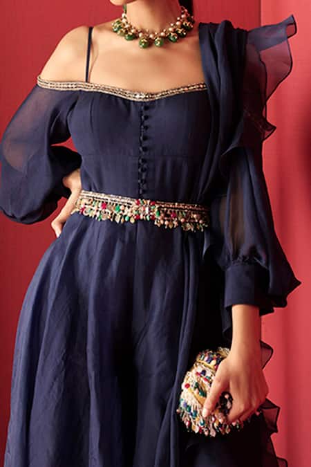 Buy Ridhi Mehra Blue Chiffon Sweetheart Neck Balloon Sleeve Jumpsuit Set Online at Aza Fashions Buy_Ridhi Mehra_Blue Chiffon Sweetheart Neck Balloon Sleeve Jumpsuit Set _Online_at_Aza_Fashions