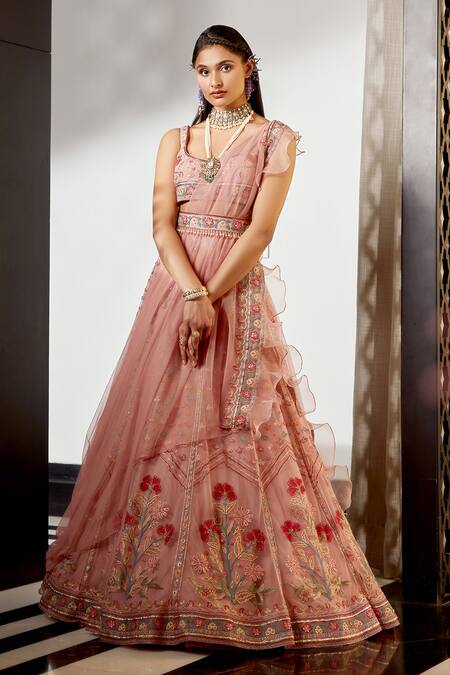 Shop_Ridhi Mehra_Pink Net Floral Motifs Scoop Neck Floryn Embroidered Lehenga Set _Online_at_Aza_Fashions
