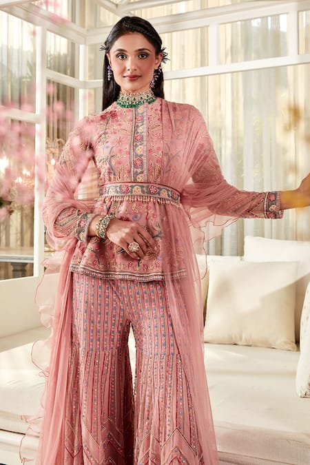 Ridhi Mehra_Pink Net Floral Motifs Round Calla Embroidered Peplum Gharara Set _Online_at_Aza_Fashions