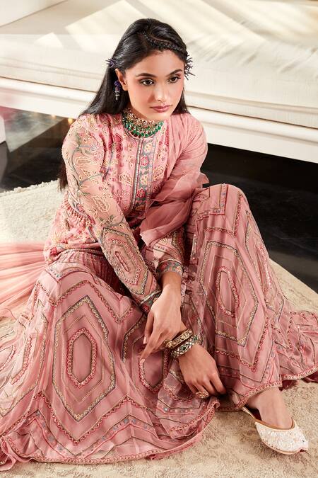 Buy_Ridhi Mehra_Pink Net Floral Motifs Round Calla Embroidered Peplum Gharara Set _Online_at_Aza_Fashions