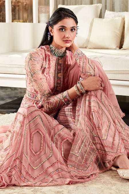 Shop_Ridhi Mehra_Pink Net Floral Motifs Round Calla Embroidered Peplum Gharara Set _Online_at_Aza_Fashions