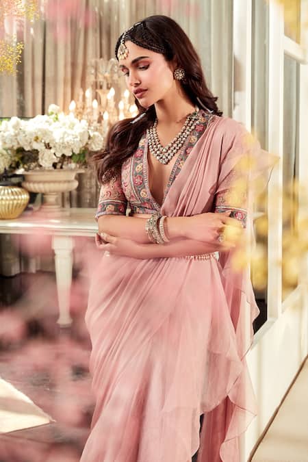 Ridhi Mehra Pink Blouse And Belt Net Saree Chiffon Cosmo Pre-draped Ruffle With Online at Aza Fashions Ridhi Mehra_Pink Blouse And Belt Net Saree Chiffon Cosmo Pre-draped Ruffle With _Online_at_Aza_Fashions