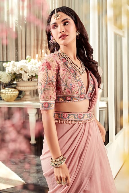 Buy Ridhi Mehra Pink Blouse And Belt Net Saree Chiffon Cosmo Pre-draped Ruffle With Online at Aza Fashions Buy_Ridhi Mehra_Pink Blouse And Belt Net Saree Chiffon Cosmo Pre-draped Ruffle With _Online_at_Aza_Fashions