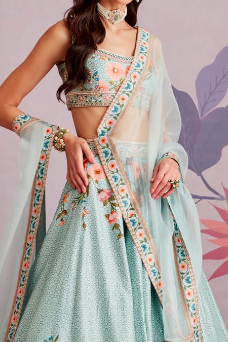 Ridhi Mehra_Green Silk And Organza Print & Embroidery Delphine Bridal Lehenga Set  _Online_at_Aza_Fashions