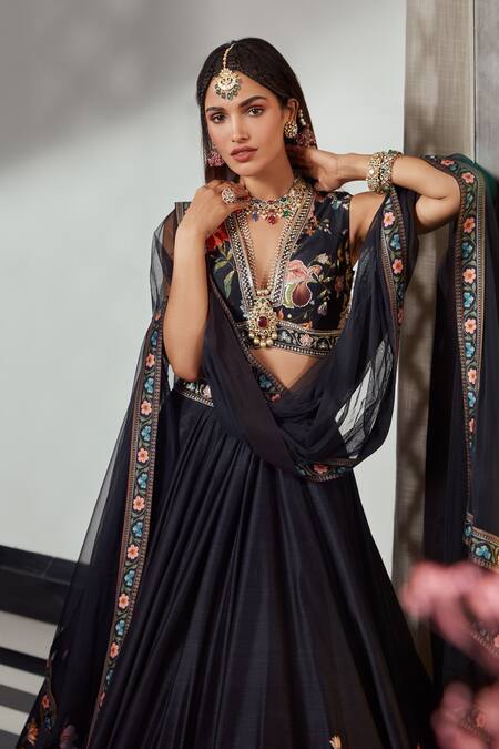 Jet Black Bertrix | Party wear lehenga, Long sleeve wedding gowns, Black  velvet blouse