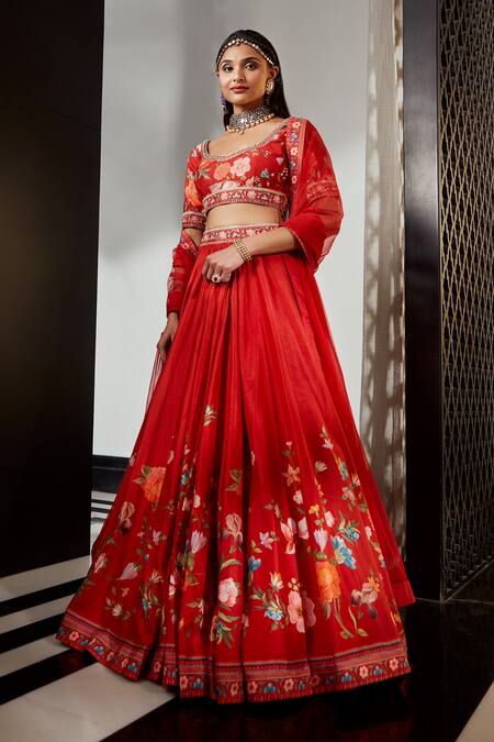 Ridhi Mehra_Red Lehenga And Blouse Silk Dupatta Net Floral Motifs Rayen Printed Set _Online_at_Aza_Fashions