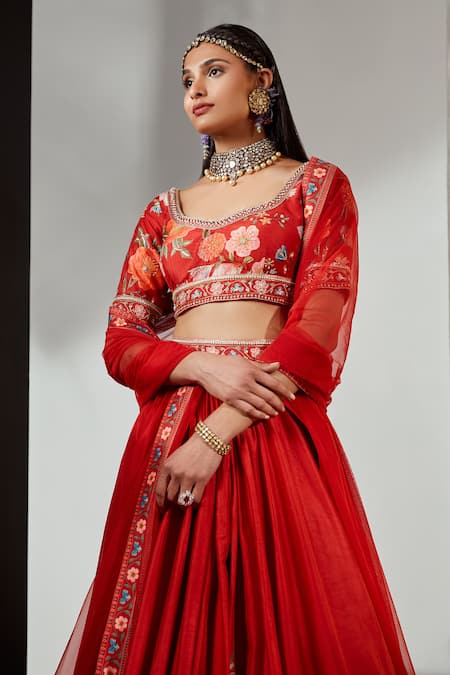 Buy_Ridhi Mehra_Red Lehenga And Blouse Silk Dupatta Net Floral Motifs Rayen Printed Set _Online_at_Aza_Fashions