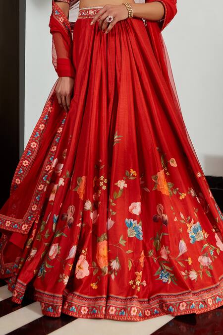 Shop_Ridhi Mehra_Red Lehenga And Blouse Silk Dupatta Net Floral Motifs Rayen Printed Set _Online_at_Aza_Fashions