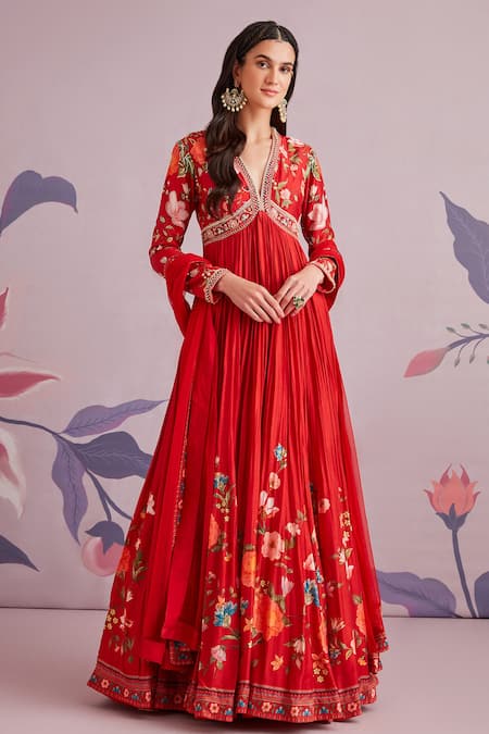 Ridhi Mehra_Red Net And Silk Block Print, Pearl, Thread & Cutdana V Neck Anarkali With Dupatta _Online_at_Aza_Fashions